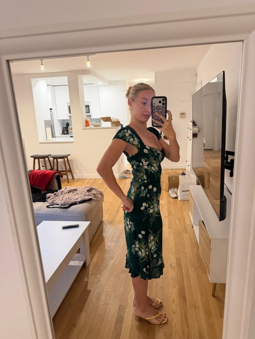 Reformation Green White Floral Open Back Midi Dress